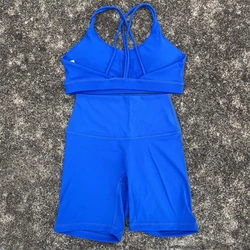 Solid Color Women's Athletic 2-Piece Yoga Set - Cross Back Sports Bra & Short Leggings - M (Electric blue set)