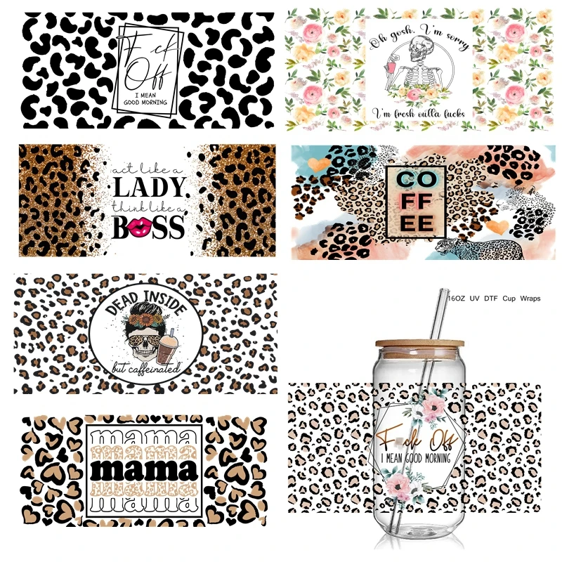Fashion Leopard Good Morning Design print 3D UV DTF Cup Wraps stickers Different Day Wraps for 16oz Libbey Glass Can 3d stickers cup wraps sticker cups uv dtf wrap transfer