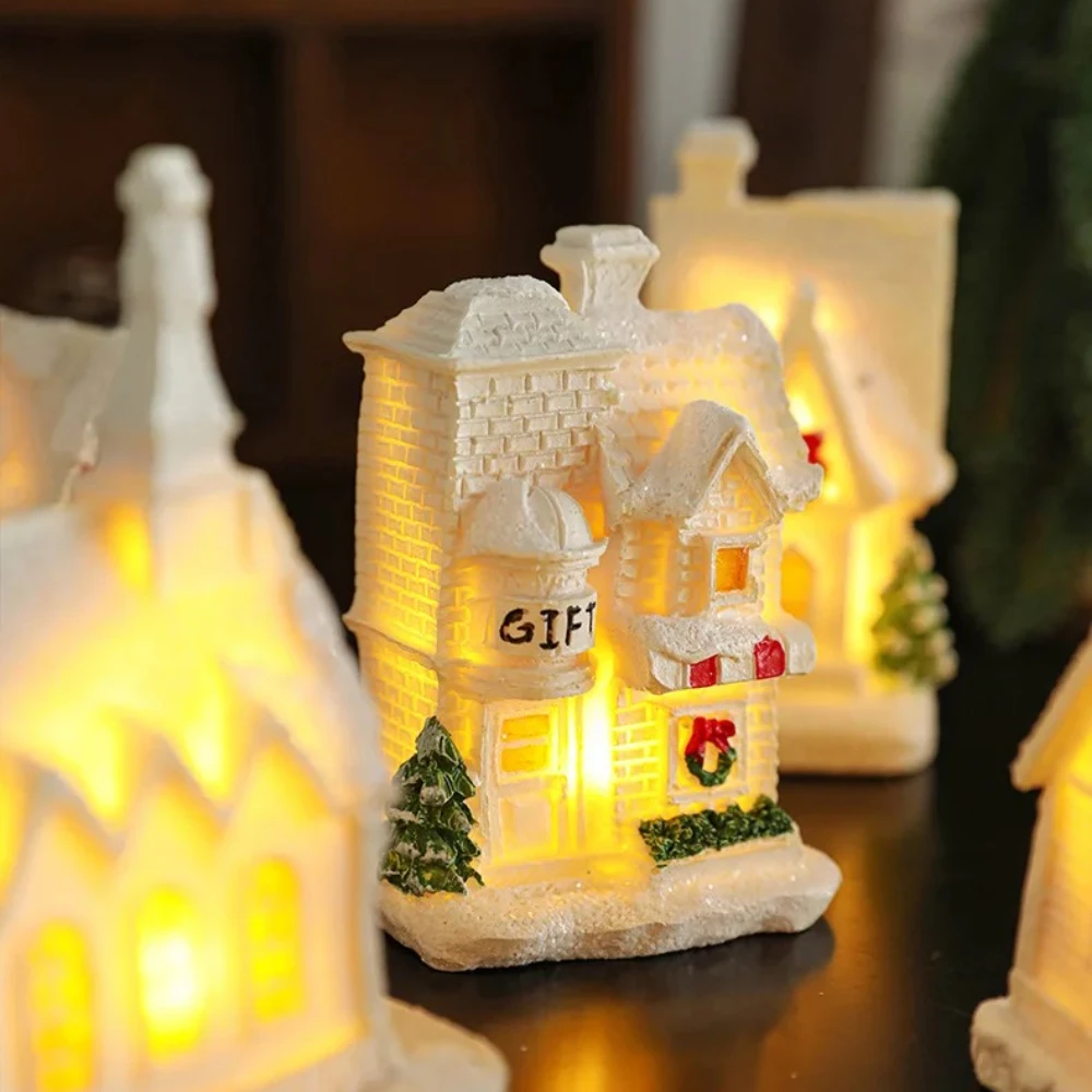 White Resin Snow House Christmas Ornaments with LED Lights for Family Holiday Decoration