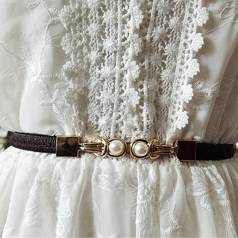 Elegant Black Elastic Belt with Double Pearl Buckle