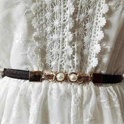 Elegant Black Elastic Belt with Double Pearl Buckle (Brown)