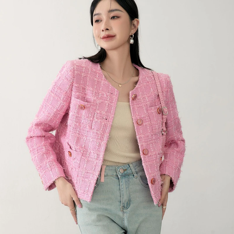 2023 Autumn New Cute Pink Cropped Jacket Women Round Neck Single Breasted Short Designer Feathers Tweed Jacket Coat Streetwear