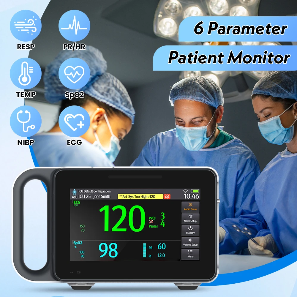 6 Parameters Medical Patient Monitor TFT 7 Inch Touch Screen Portable Vital Signs Monitor SPO2 NIBP PR TEMP ECG