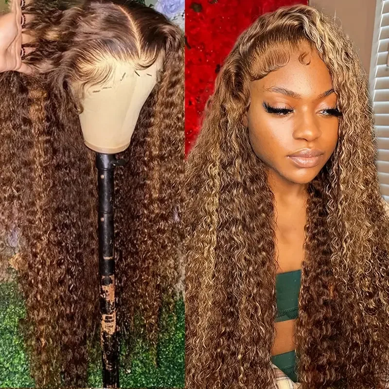 

Highlight Deep Wave 13x4 Lace Frontal Human Hair Wig P4/27 Honey Blonde Curly HD Human Hair Wigs Brazilian Remy Wigs For Women