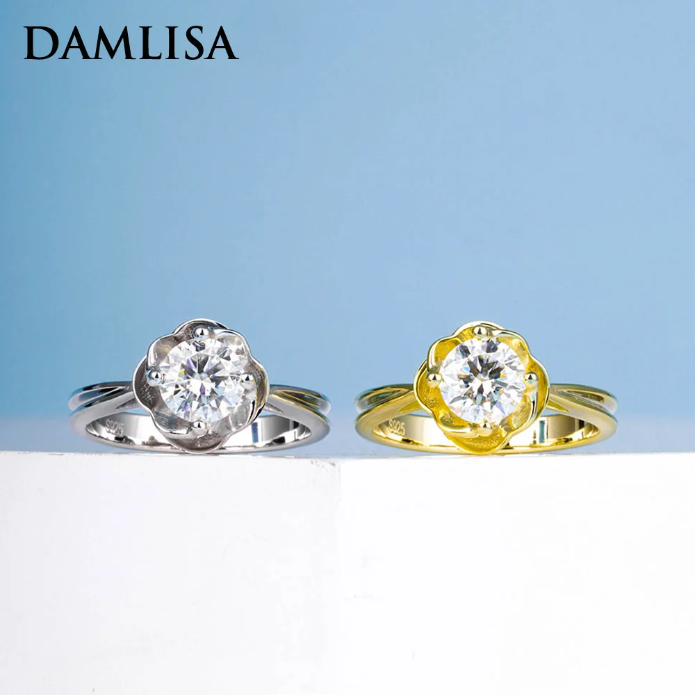 

DAMLISA 6.5mm 1ct Round Cut D Color Moissanite Engagement Rings For Women 925 Sterling Silver Wedding Band Flower Ring Jewelry