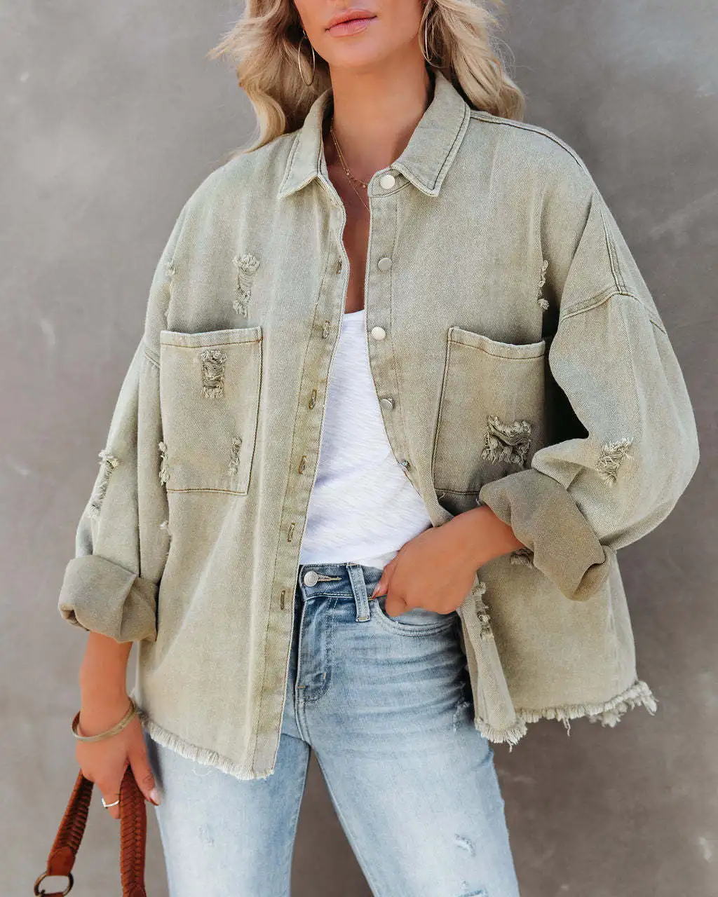 Women Fashion Ripped Denim Jacket Turn Down Collar Long Sleeve Tops Single Breasted Tassels Coat Loose Shirts & Blouses Outwear