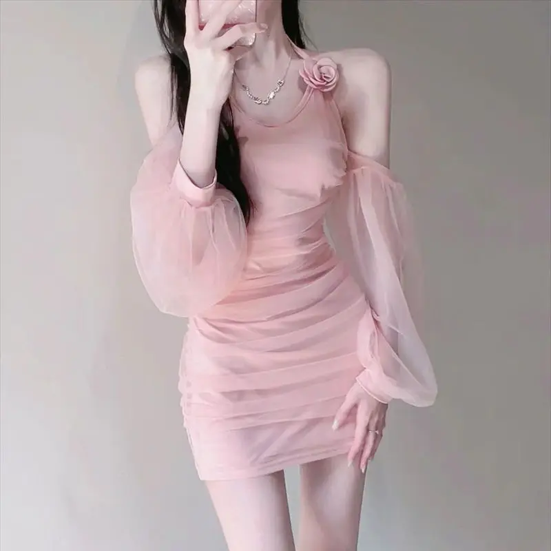 

3D Flower Mesh Lantern Sleeves Dress Pink Wrapped Hip Hanging Neck Short Dress Slim Summer Women‘‘’‘’‘'s Clothing Party Club’’