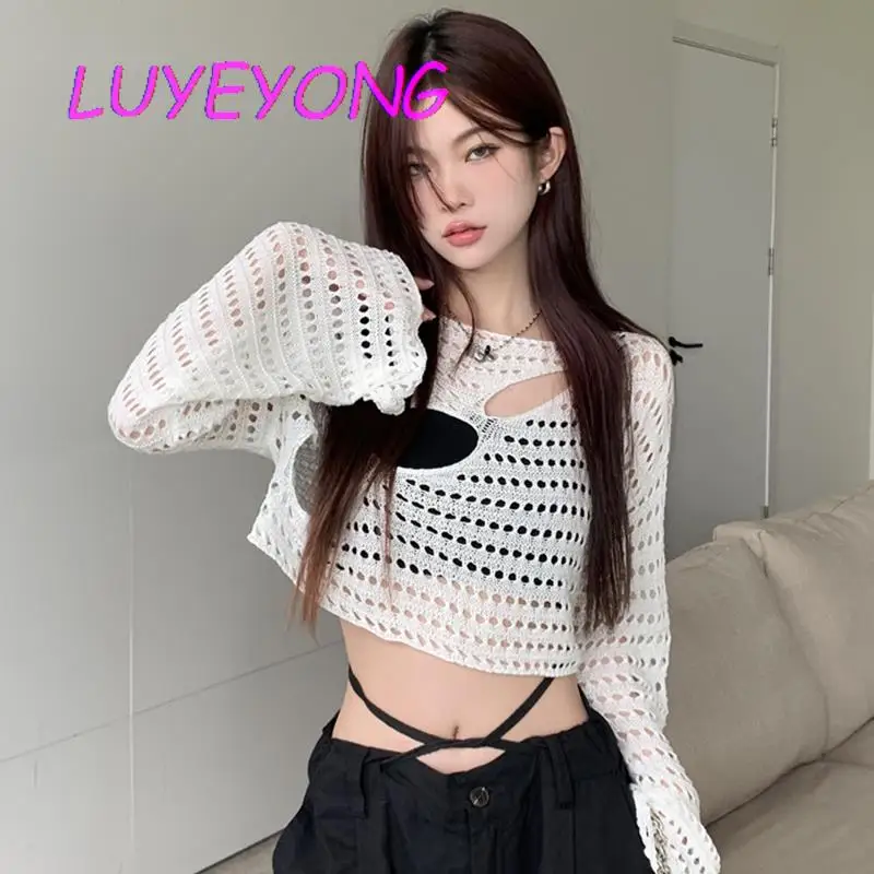 

Black White Outdoor Autumn Knitted Top Harajuku Lady Hollow Out Hole O Neck Loost Swaeters Female Street Thin Pullover Sweater
