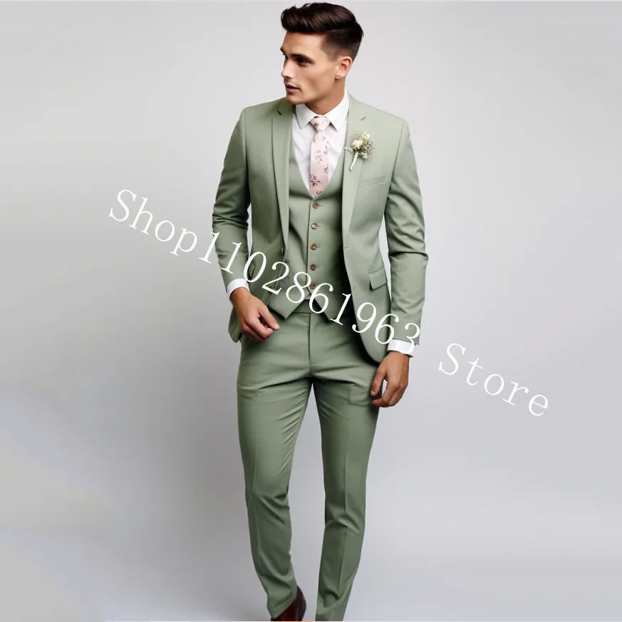 3 pezzi abiti maschili verdi eleganti abiti da sposa per uomo formale migliori uomini blazer slim fit smoking dello sposo giacca costume homme - immagine 2