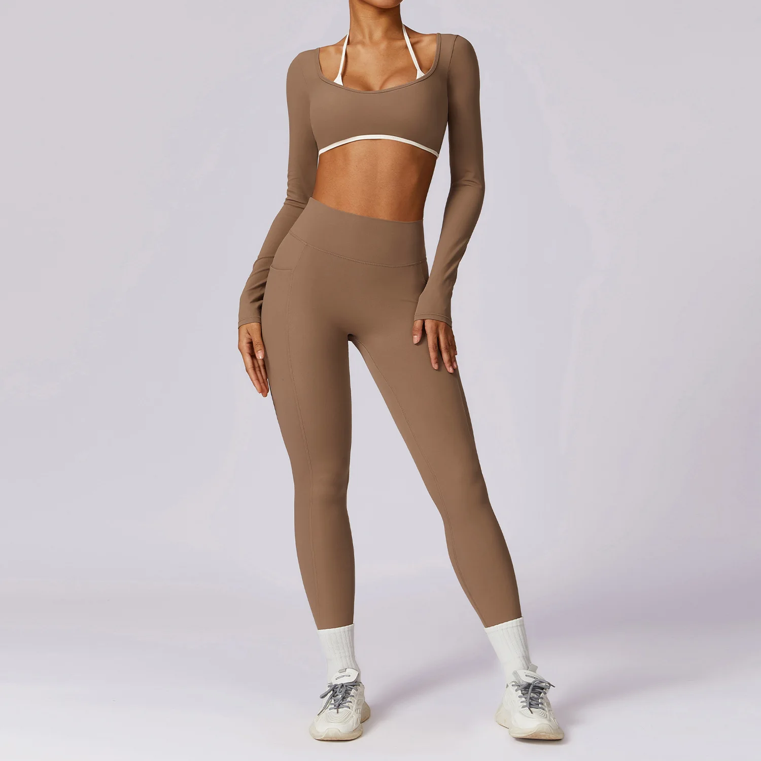 Yoga Jumpsuit Set Yoga Set 2PCS Women Sportswear Push Up Workout Clothes Athletic Wear Gym Legging Fitness Bra Crop Top Long Sleeve Sports Suits