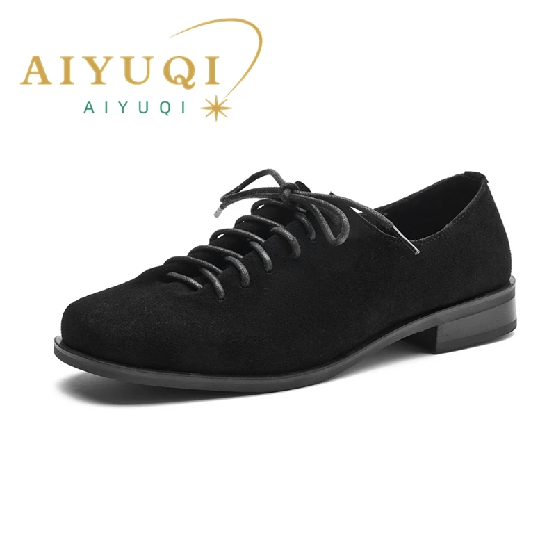 AIYUQI Women Loafers Shoes Genuine Leather Thick Heels Student Shoes Female Lace Up British Style Lady Oxford Footwear women loafers shoes