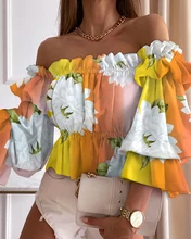 

2022 Women Floral Print Off Shoulder Frill Hem Peplum Ladies Top Casual Tee Shirt Summer Holiday Long Sleeve Tshirts For Woman