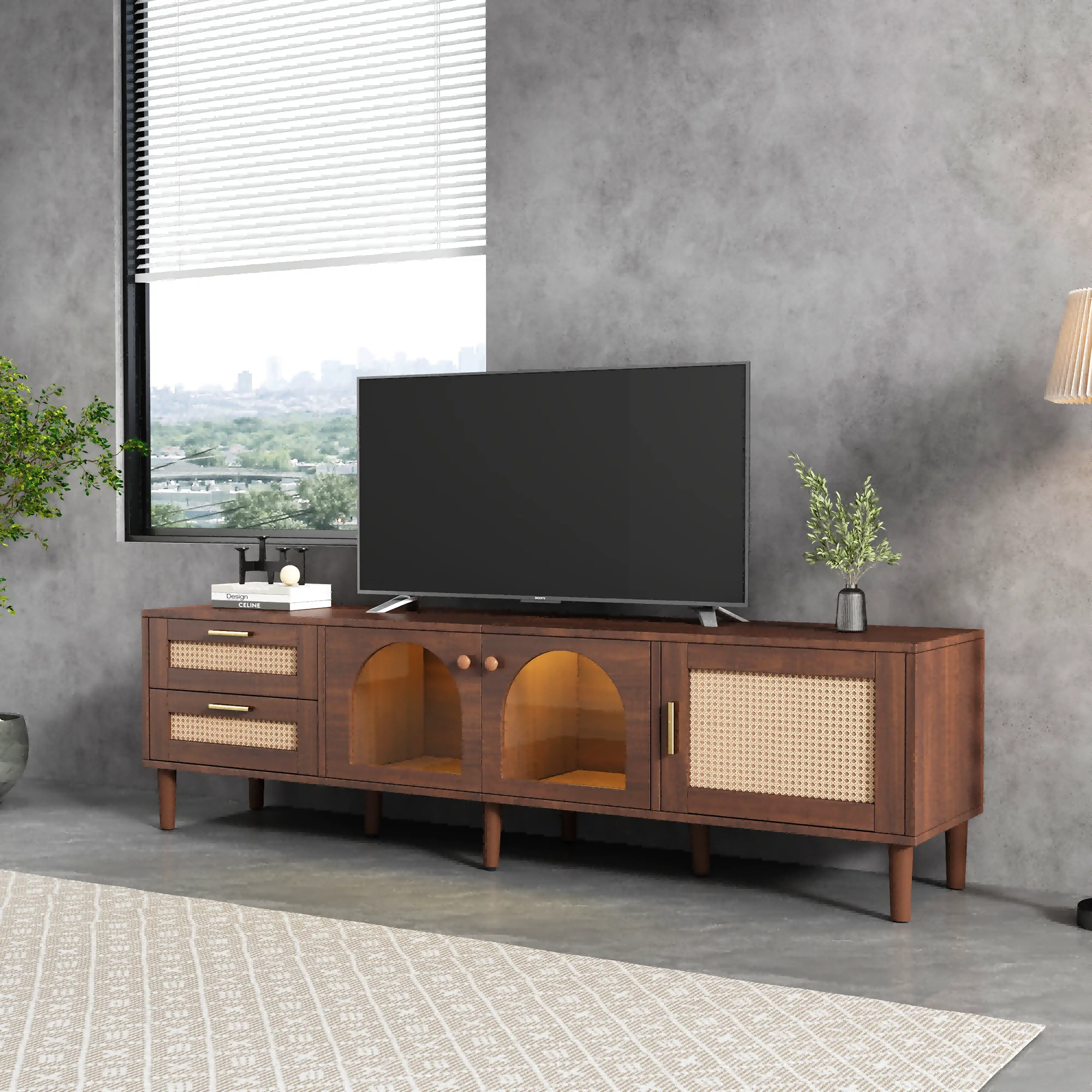 KOMHTOM TV-Schrank 180 cm Für 80-Zoll-Fernseher mit 2 Rattan-Schubladen, 2 gewölbten Glastüren und 1 Rattan-Tür, LED-Beleuchtung – Detail 3