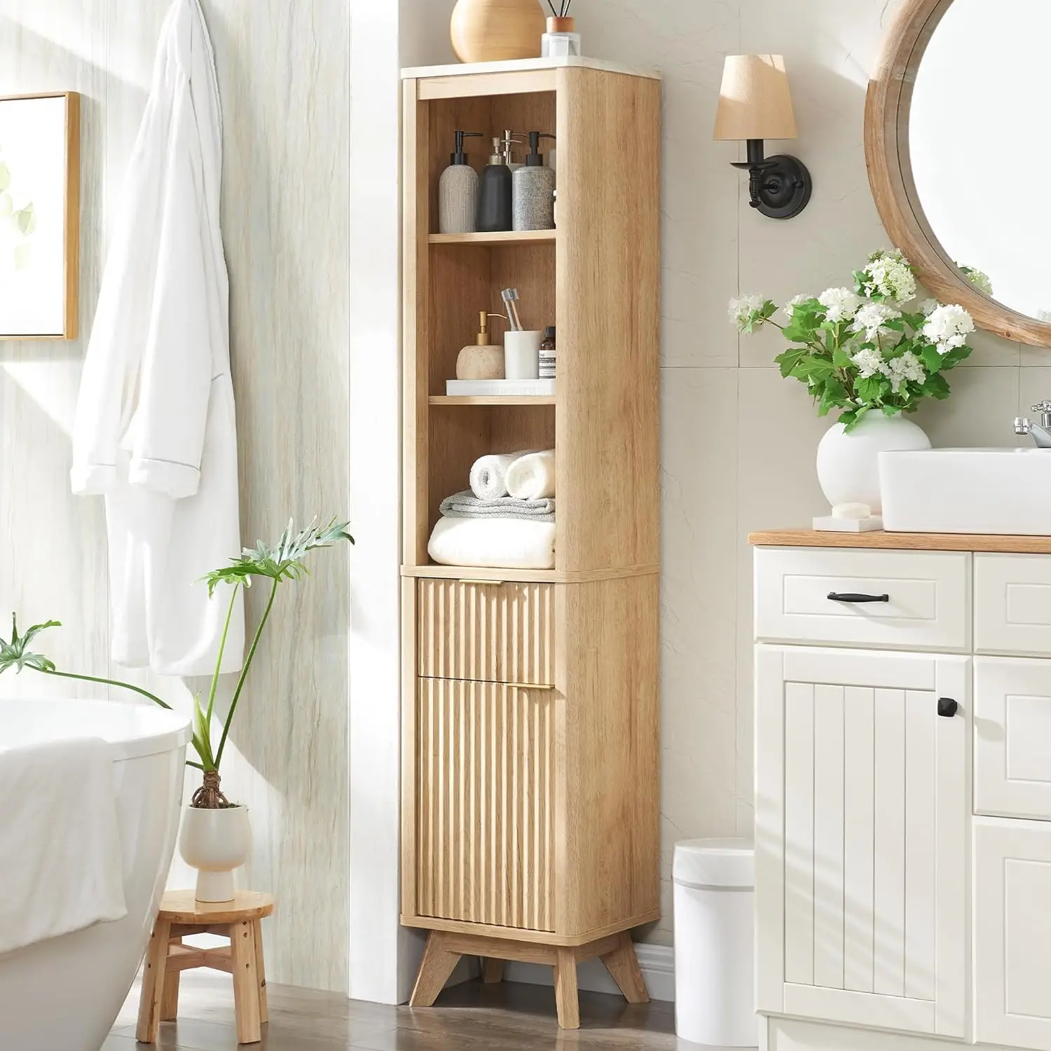 

24/32/68"Tall Fluted Bathroom Storage Cabinet with Faux Marble Top,Adjustable Shelf and Drawer,Curved Profile Narrow Linen Tower