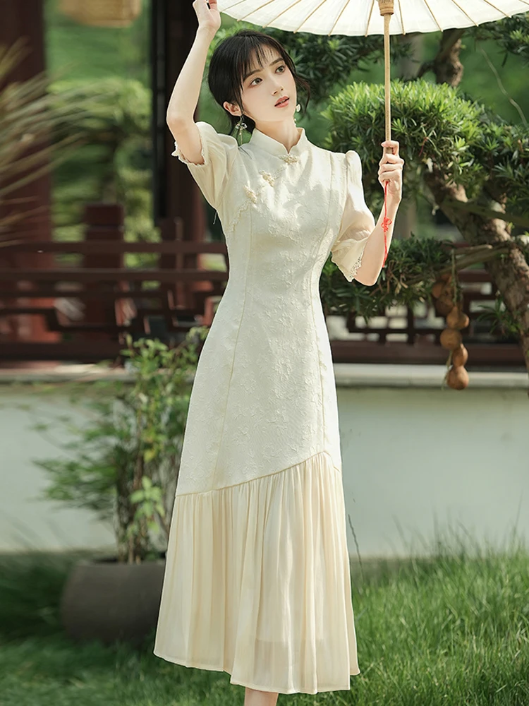 

Summer new women's clothing Chinese style retro art luxury chiffon splicing jacquard cheongsam long dress court girl thin dress