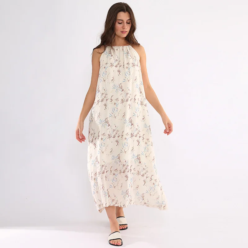 

Printed 100% Linen Summer Long Dresses For Women Sexy Halter Bandage Sleeveless Chic Party Dresses With Lining Beach Sundress