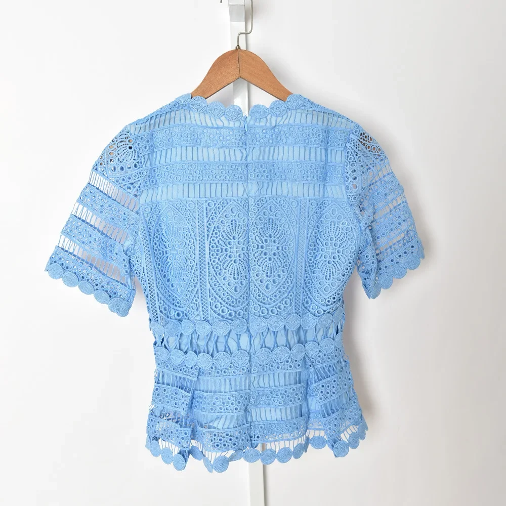 Loose Blue V Neck Hollow Out Lace Up Cotton Shirt Lantern Sleeve
