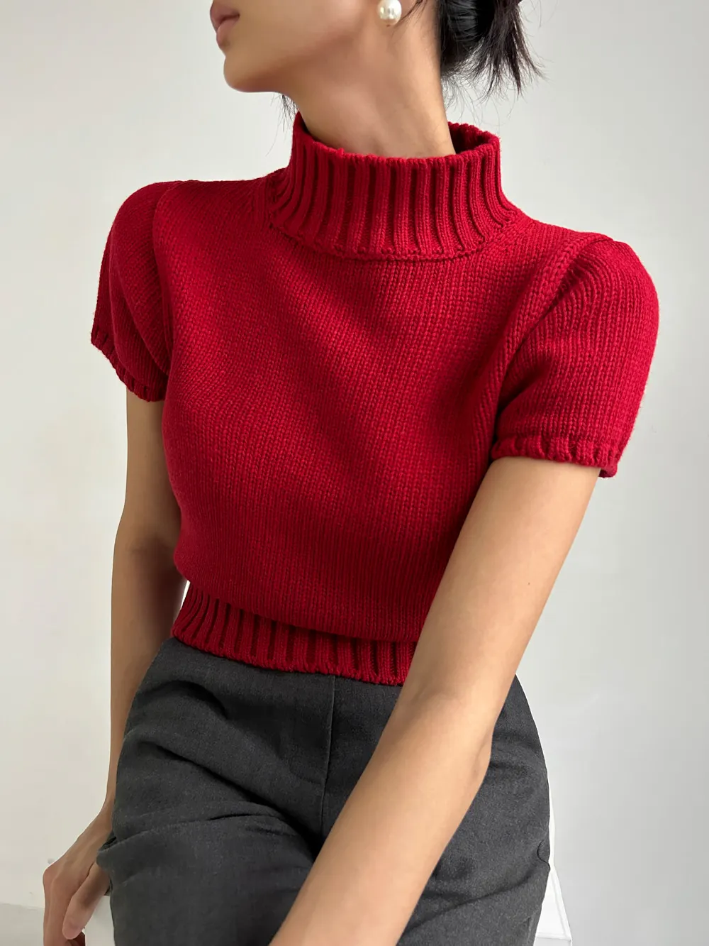 Description Picture 2 of itemHigh Collar Short Sleeve Sweater Korean Chic Ropa Mujer Loose Casual Pullover Spring Summer Womens Clothing Solid Knitwears