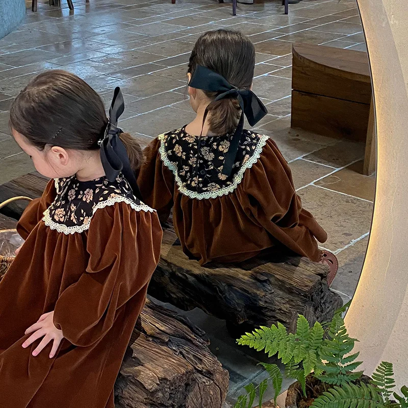 Autumn Velvet Kids Long Dress for Girls Floral Round Collar