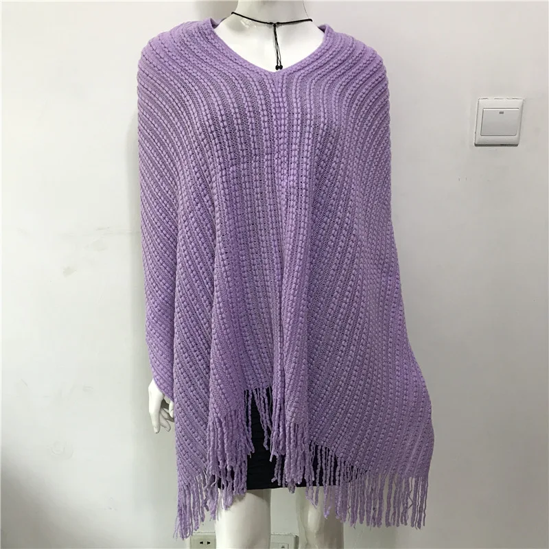 

Spring Autumn Pullover Sweater Knitwear Geometric Splicing Loose Poncho Cape Women Coat Cloak Shawl Sunscreen Purple Shawl