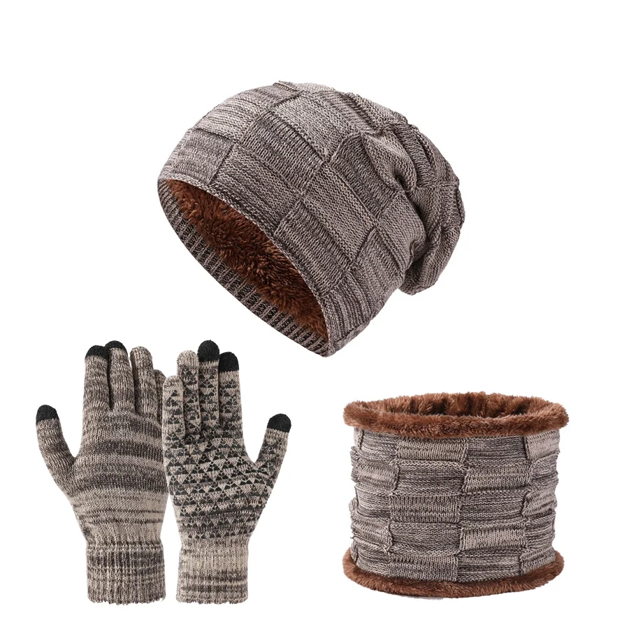 Unisex Autumn Winter Warm Soft Fleece-lined Knitted Hat Scarves Touch Screen Gloves 3-Piece Set