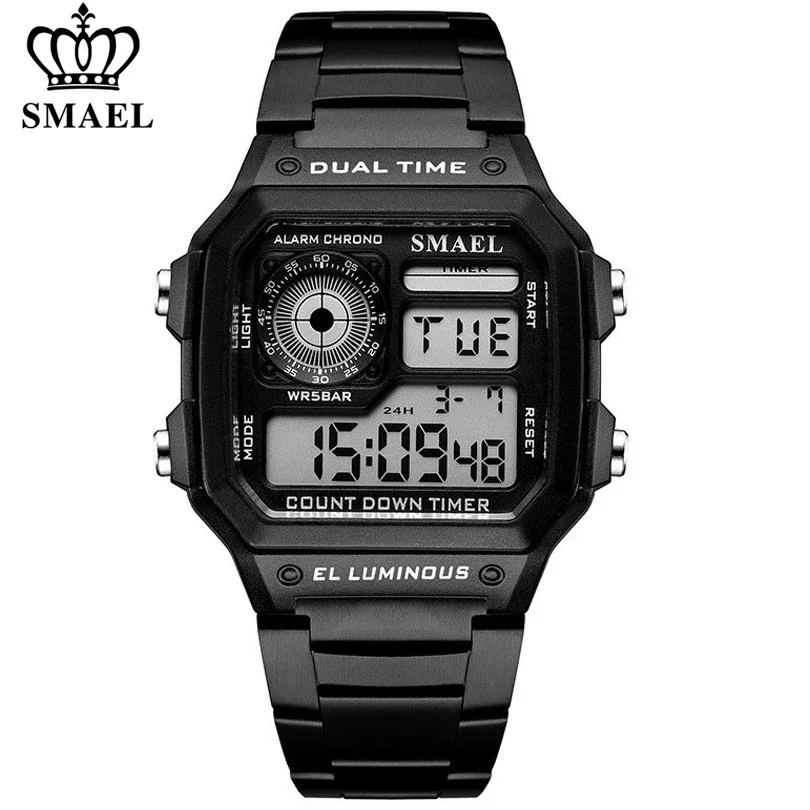 

SMAEL Fashion Men's Sports Watch Square LED Digital Watches Male Stainless Steel Waterproof Wristwatches Clock Relogio Masculino