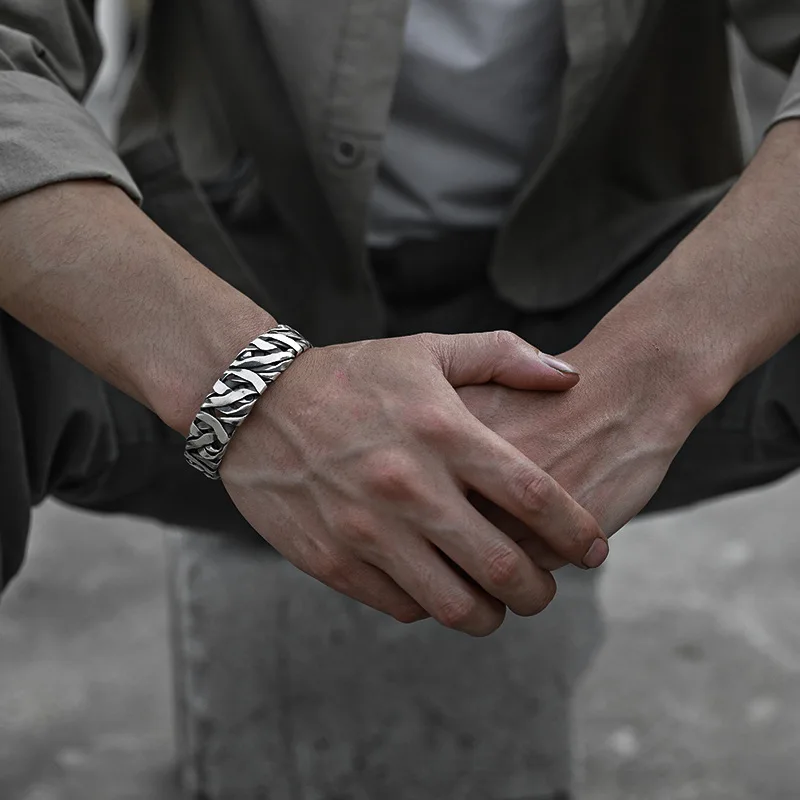 Silver Bracelet 925 Sterling Silver Bracelet Bangle Punk Wide Irregular Geometric For Woman Man Jewelry Gift