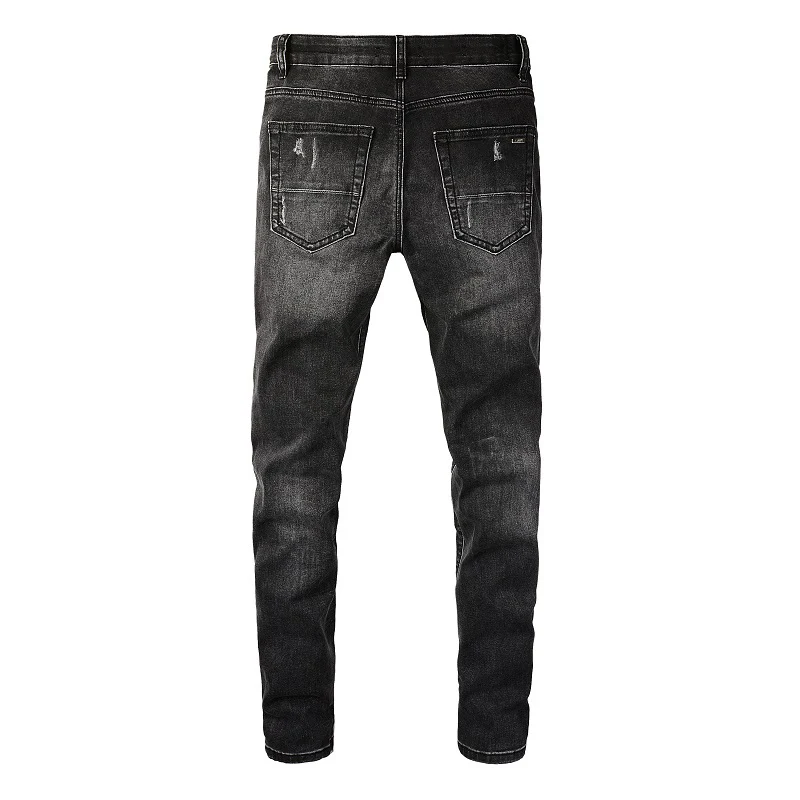 Men's Cracked Bandana Patch Jeans Streetwear Paisley Printed Pleated Patchwork Biker Pants Skinny Tapered Stretch Denim Trousers 2