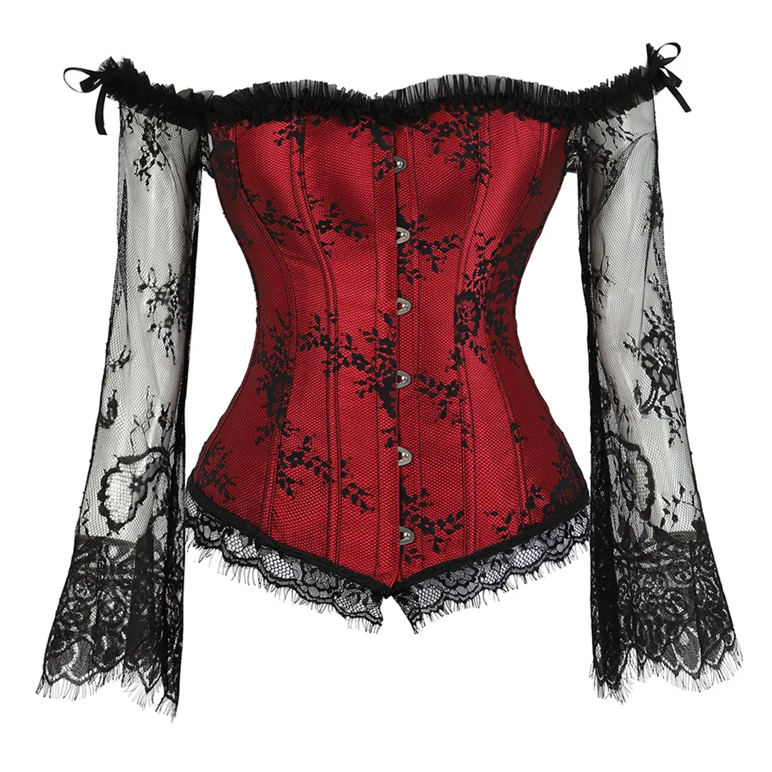 Gothic Corsets for Women Victorian Blouse Tops Off Shoulder Black Red Floral Corset Long Sleeves Lace Up Medieval Corset Bustier