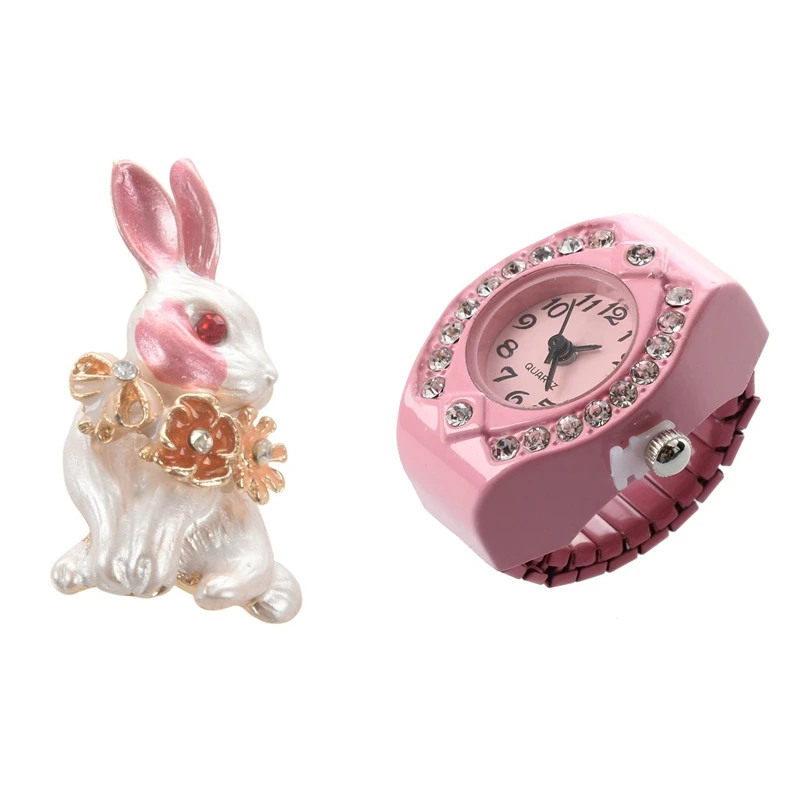 

1 Pcs Women Pink Alloy Quartz Pocket Finger Ring Watch & 1 Pcs Pink Rabbit Flower Wrench Enamel Brooches