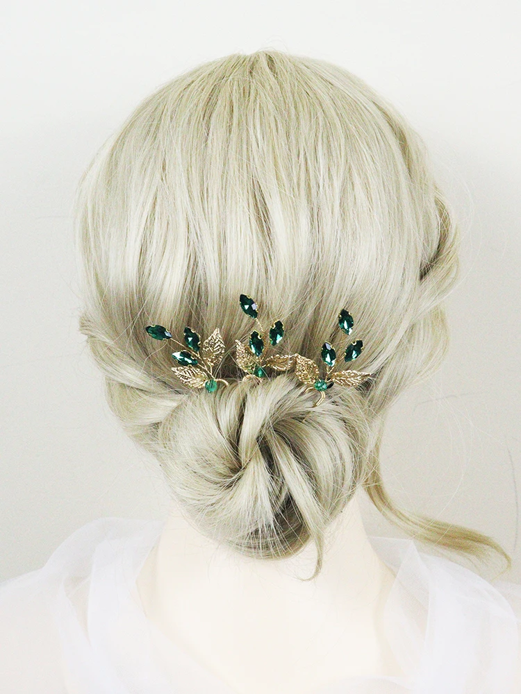 Green rhinestones 3 wedding hairpins gold leaves bridal hair clips prom party women hair accessories festival jewelry