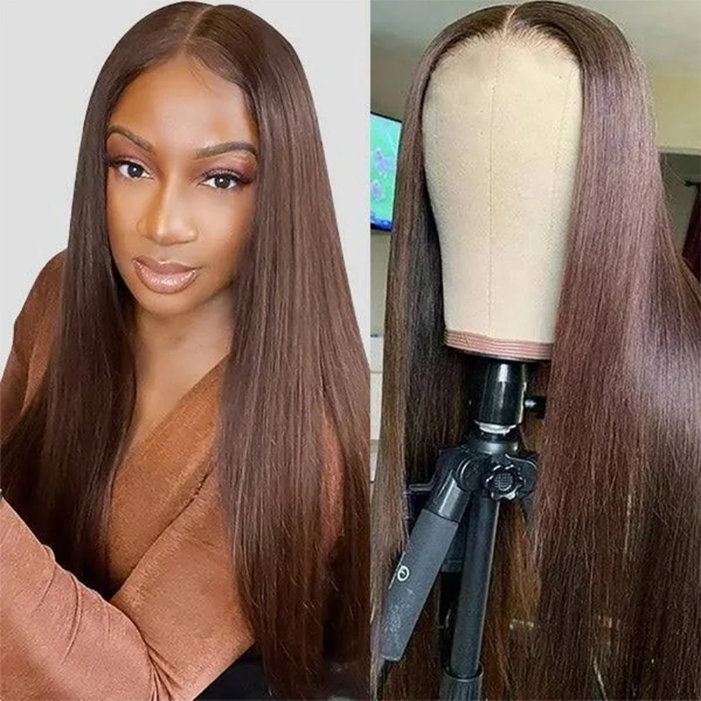 200 Density Dark Brown Straight Lace Frontal Human Hair Wigs For Women 13x4 Transparent Lace Wig Pre-Plucked Indian Remy Hair