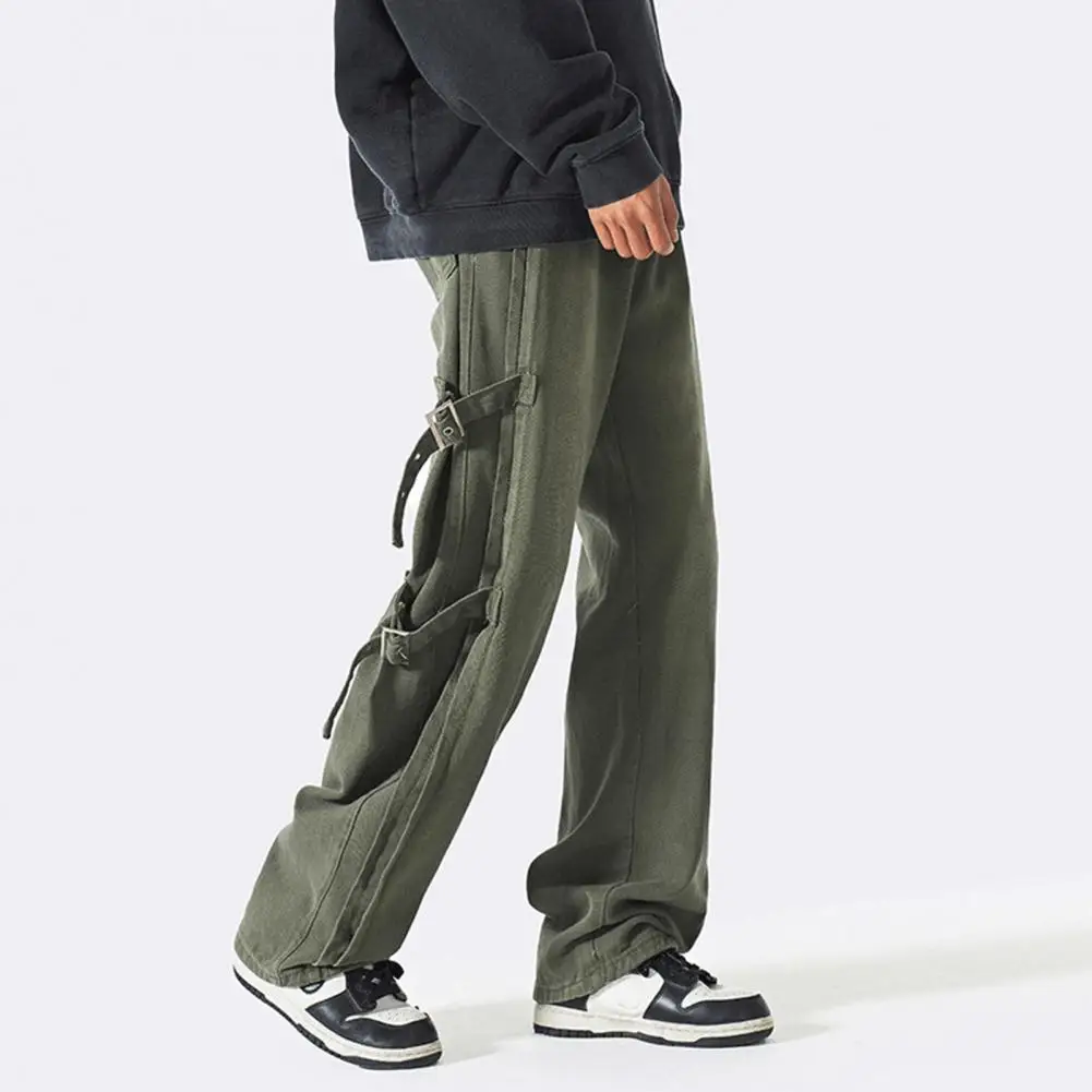 

Male Trousers Stylish Men's Mid-rise Cargo Pants with Side Buckle Design Straight Wide Leg Trousers for Long-lasting for Boys