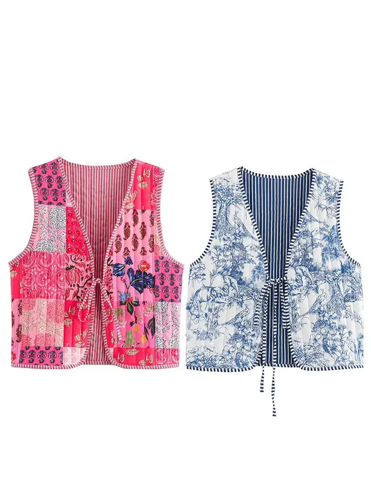 HH Women Fashion Print Vests V Neck Lace Up Sleeveless Waistcoat Tops Autumn Woman CasualY2K Outerwear Coats