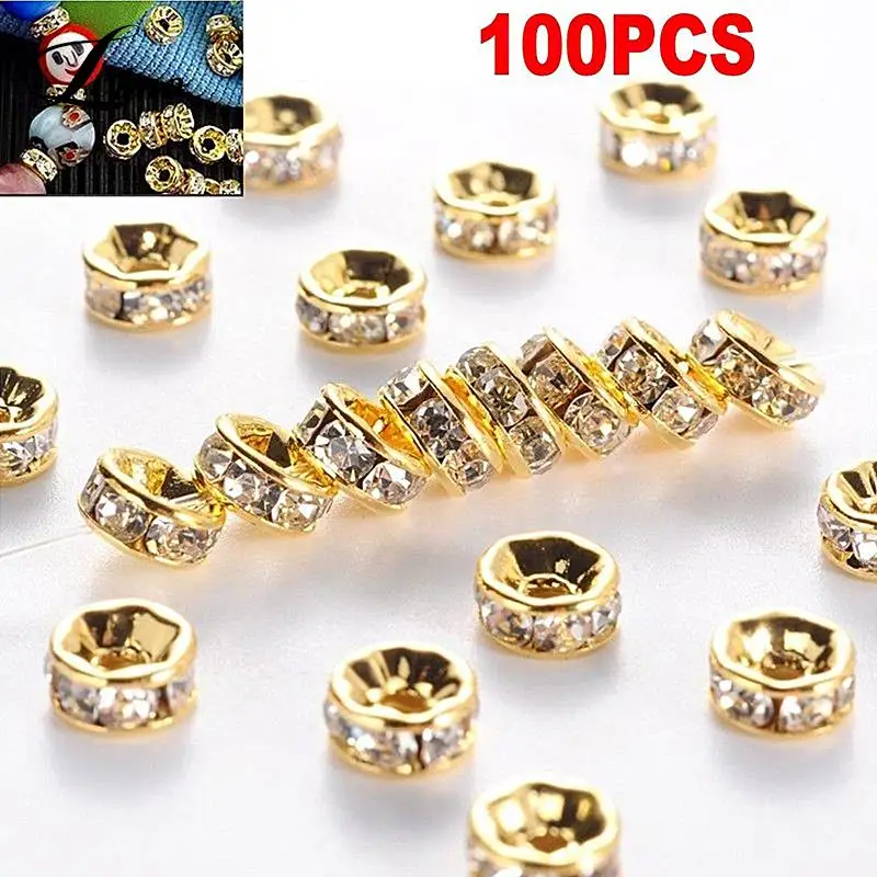 

100pcs 5/6/7/8/10mm Rondelle Disc 316 Stainless Steel Crystal Spacer Beads With Rhinestone For Jewelry Making DIY Bracelet