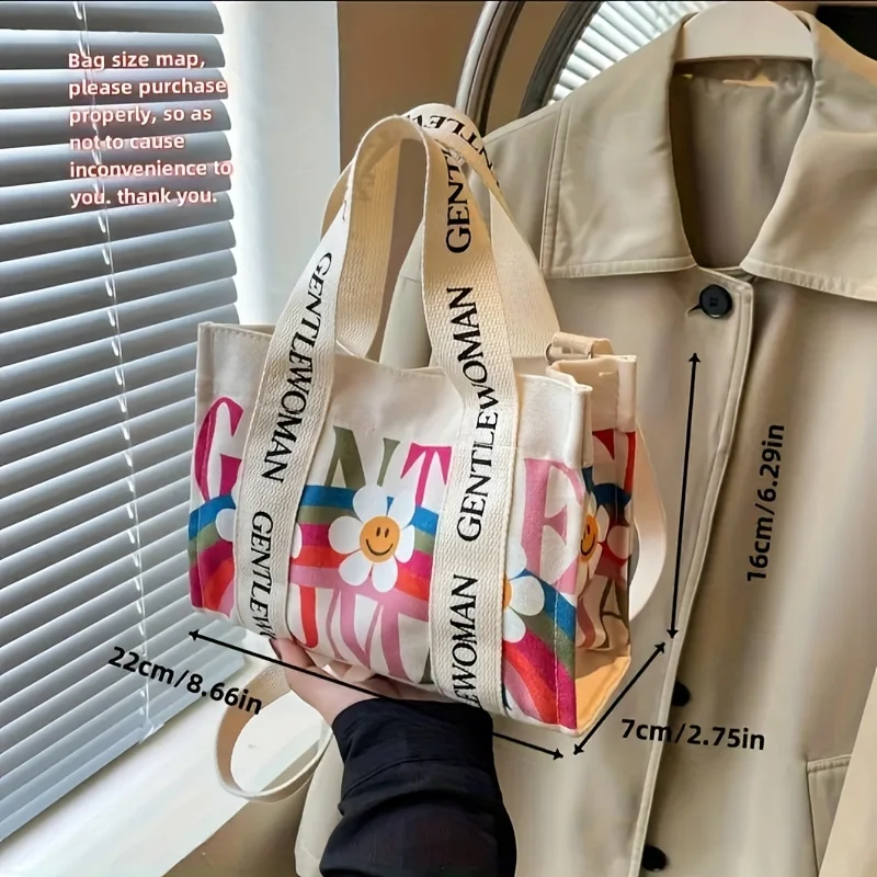 Dopamine Colorful Women's Crossbody Bags Fashionable Canvas Shoulder Bag Flower Print Tote Handbags Shopping Bag