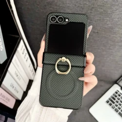 Deluxe Magnetic Phone Case with Ring Stand & Grid Texture - Magsafe Compatible - Galaxy Z Flip5 (Green)