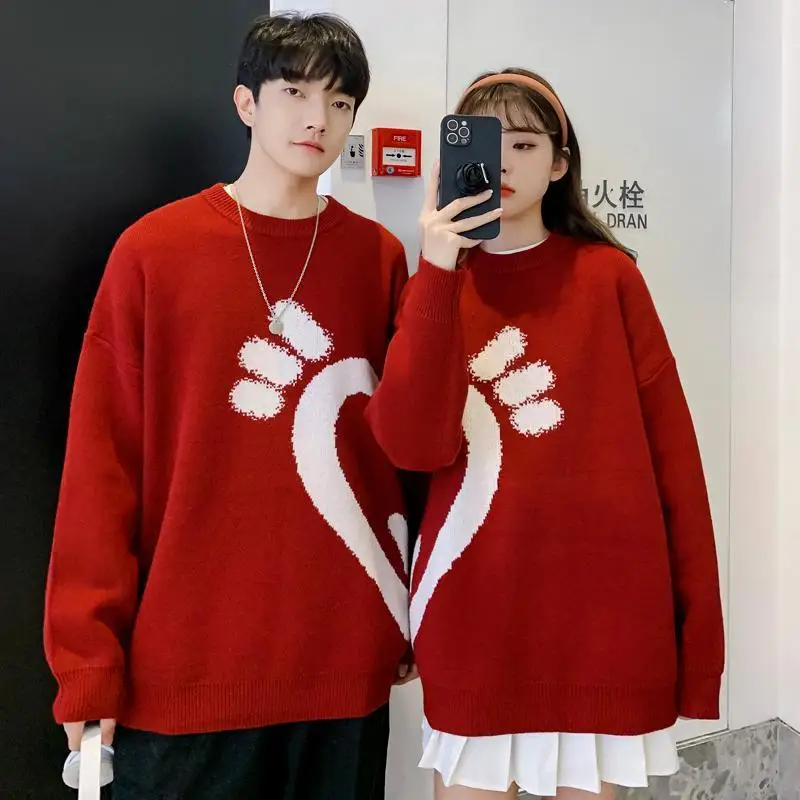 New Couple Christmas Sweater Men and Women Round Neck Thicken Autumn and Winter New Year Pullover Red Love Knitted Sweater Men