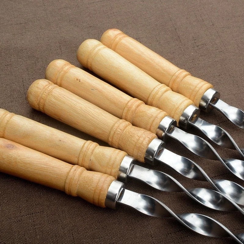 Stainless Steel Barbecue Skewers Long Handle 55cm Wooden Barbecue Handle Large Flat Stick Outdoor Picnic Tools