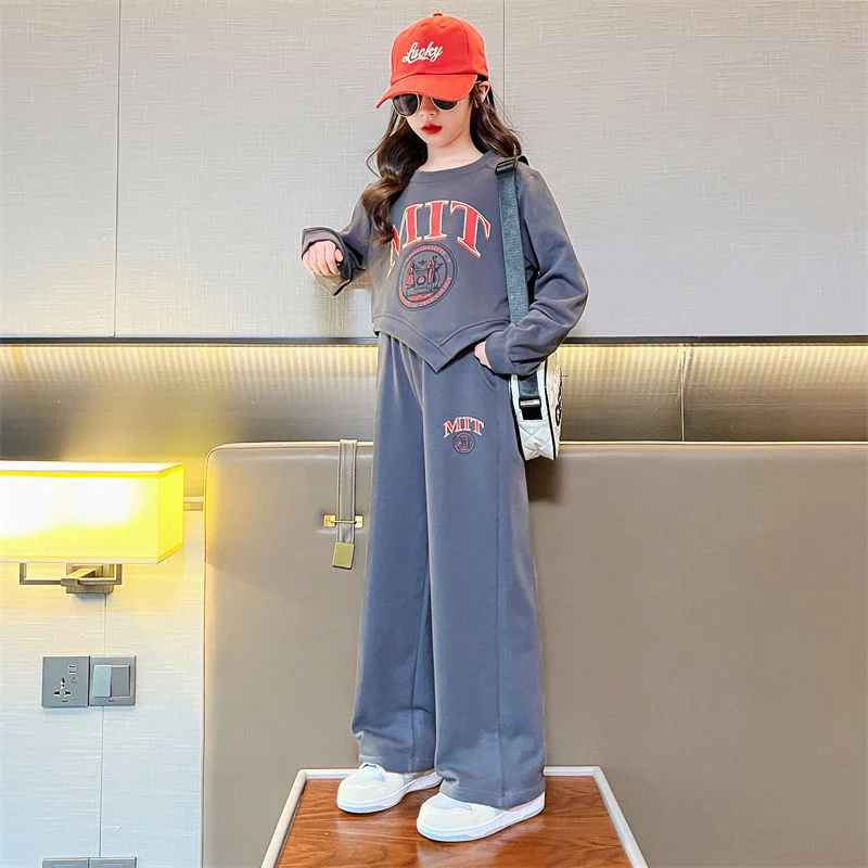 

Children's Clothes Girls' 2PCS Spring Autumn 2023 Long Sleeve Top O-neck Loose Wide-leg Pants Letter Printing Korean 5-12 Yrs