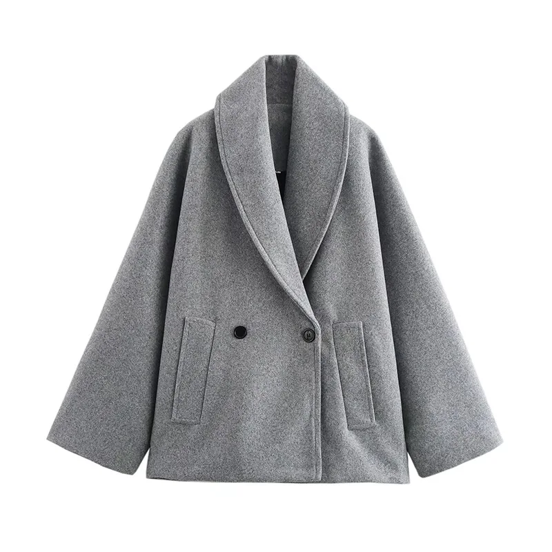 Retro Loose Woolen Blend Coat Women Lapel Double-Breasted Long Sleeve Pocket Thick Gray Jacket 2025 Autumn Spring Streetwear