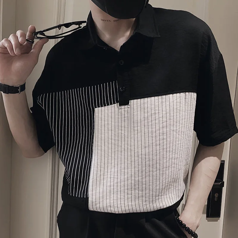 

2023 Summer KPOP Fashion Style Harajuku Slim Fit Tops Loose Casual All Match Outerwear Stand Collar Patchwork Short Sleeve Blusa