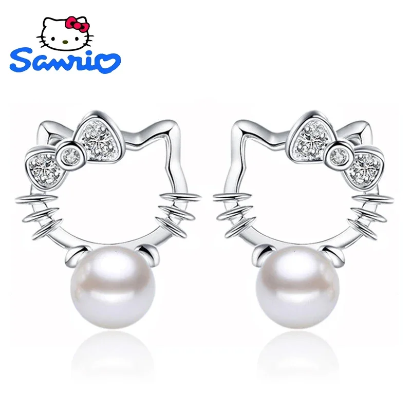 

925 Silver Needle Hello Kitty Earrings Cartoon Sanrio Fashion Super Flash Cubic Zirconia Pearl Earrings KtCat Woman Jewelry Gift