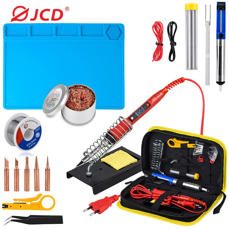 JCD Electric Soldering Iron Kit Adjustable Temperature LCD Display Solder Iron Tips Tweezers 80W 220 ESD Insulation Working Mat