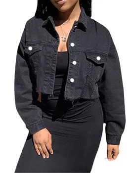 Cappotto corto in denim da donna Autunno tinta unita manica lunga giacca con risvolto abbottonato orlo invecchiato cappotto jeans corto punk streetwear 1