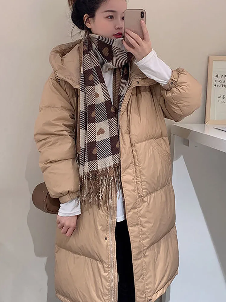 

Women's White Duck Down Jacket Thickened Warm Winter Coat Hood Zipper Long Sleeved Solid Color Medium Length Jacket 2023 New