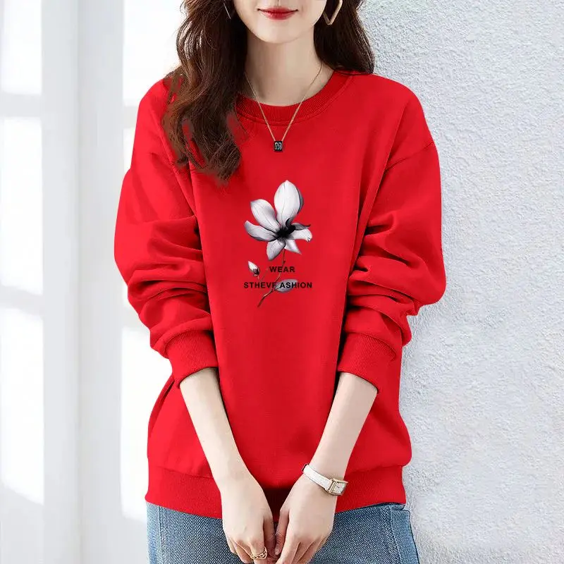 여성용 크루넥 긴팔 프린트 루즈한 풀오버, 한국 후드티, 클래식 캐주얼 올매치 상의, 가을 및 겨울 패션