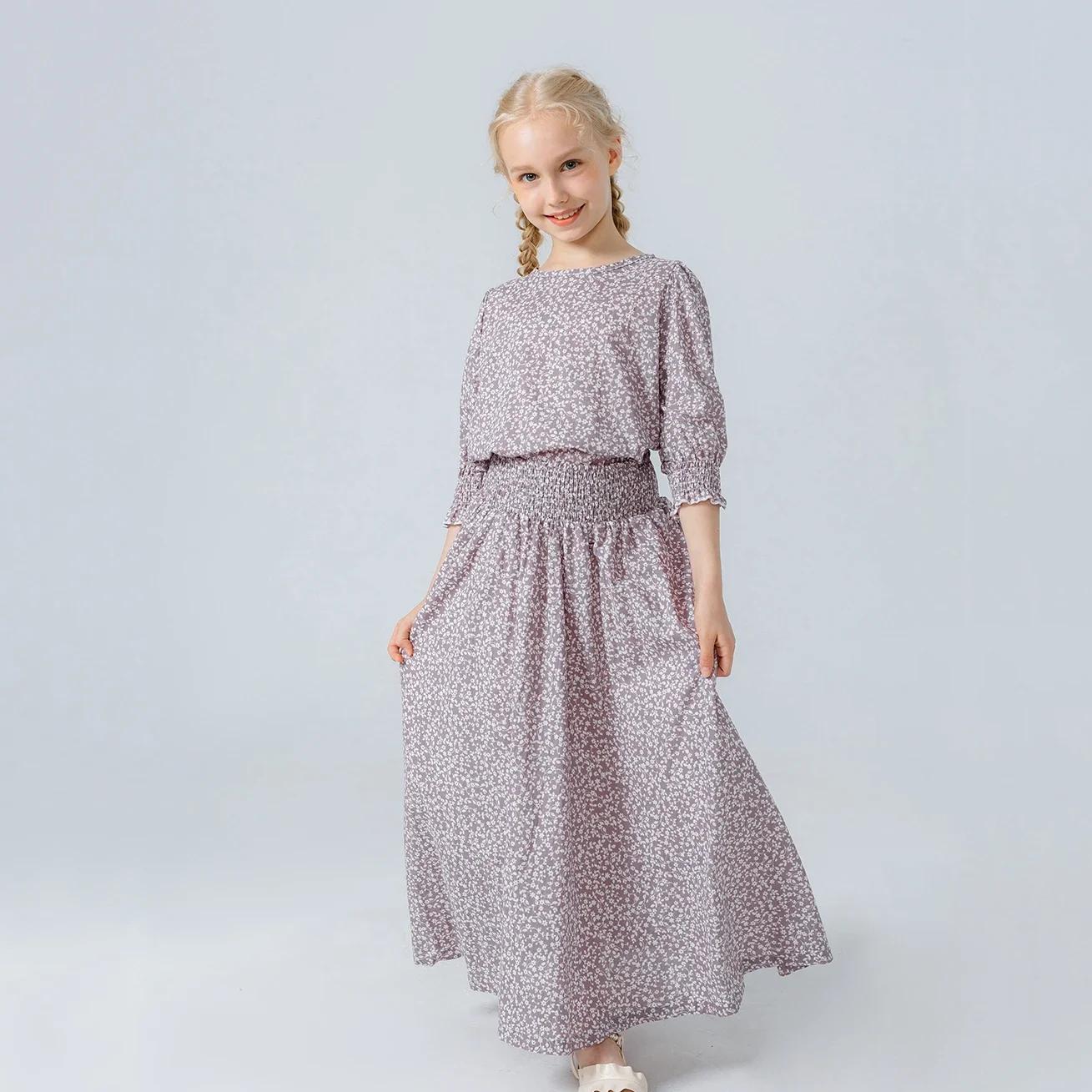Teen Girls Skirt Set 3/4 Sleeve Top Summer&Spring Lavender Floral Set Cotton Fabirc Apricot Color with Blue Floral