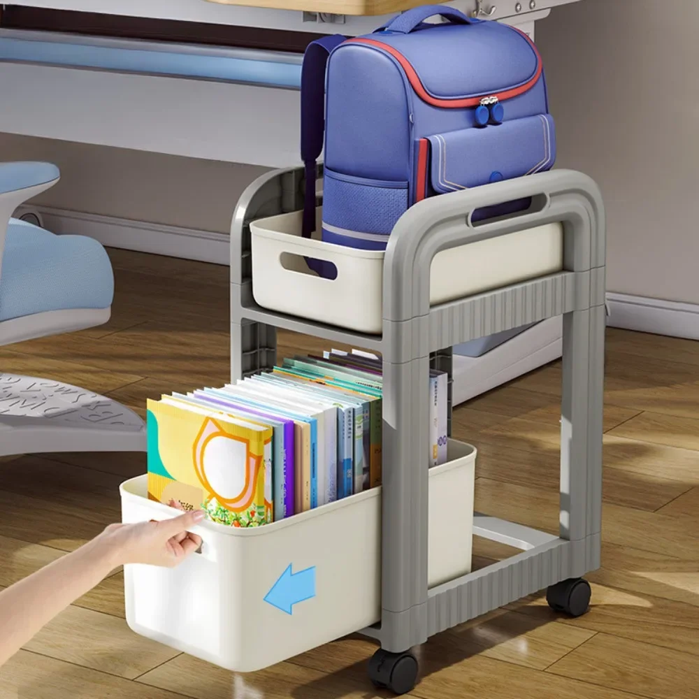 Rolling Cart 2-Tier School Bag Shelves Movable Bookshelves Drawer Style Storage Rack Under-Table Wheeled Snack Storage Trolley