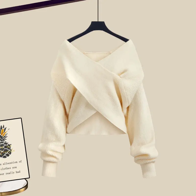 Autumn/Winter Women's Set 2024 New Year Versatile Solid Color Cross Sweater Slim and Versatile Dress Two Piece Set